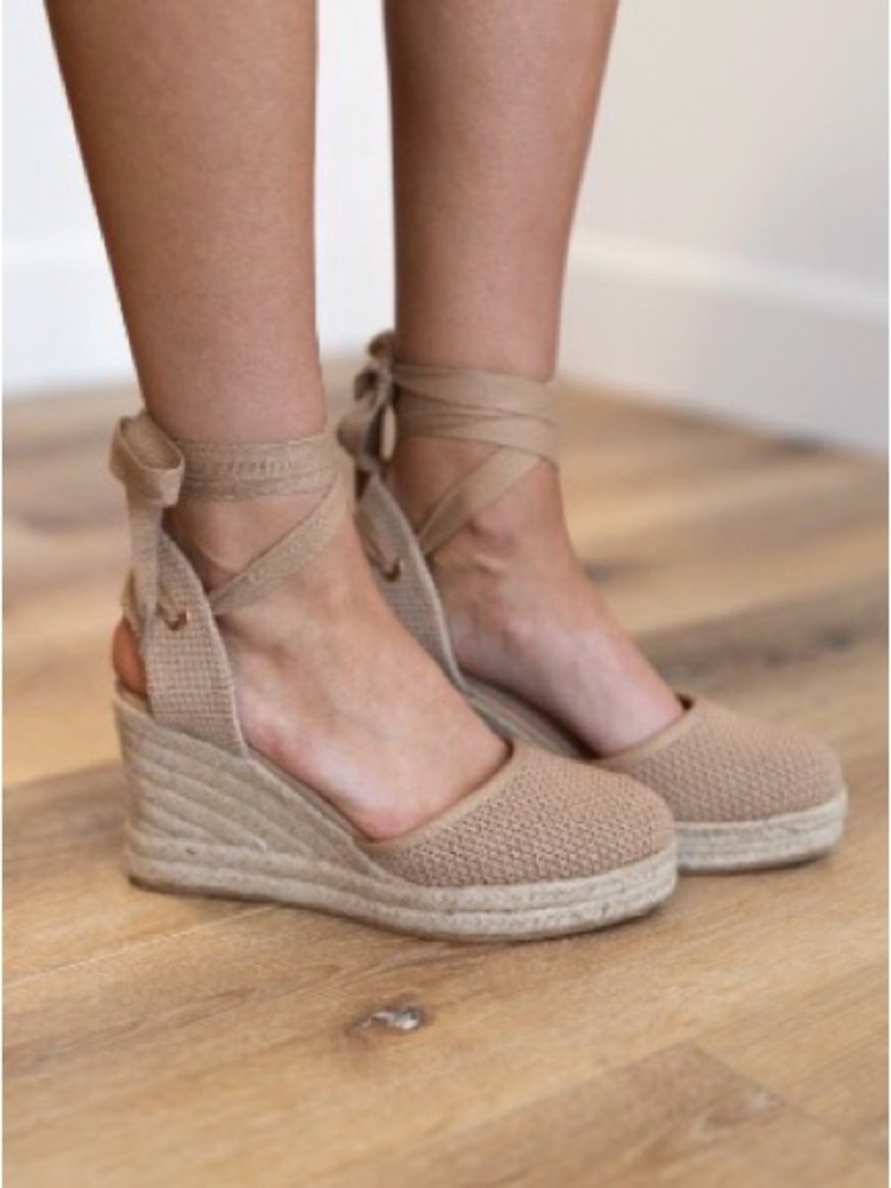 BAMBOO Beige Tan Espadrille Wedge Ankle Tie Sandals